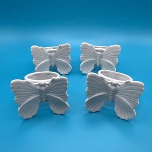 Fitz & Floyd Napkin Rings Holder Set Butterfly 4 White Porcelain Vintage Spring